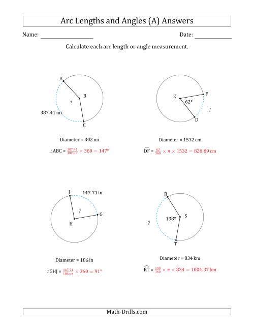 The Calculating Arc Length or Angle from Diameter (A) Math Worksheet Page 2