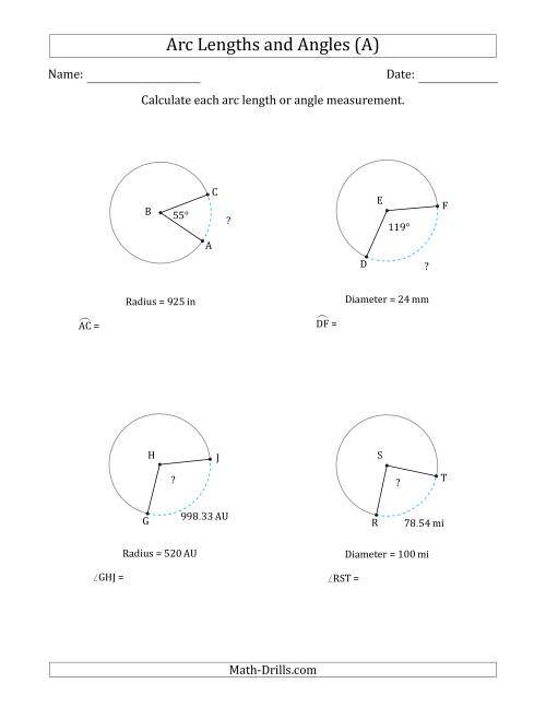 The Calculating Arc Length or Angle from Radius or Diameter (A) Math Worksheet