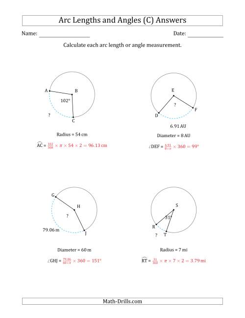 Calculating Arc Length or Angle from Radius or Diameter (C)