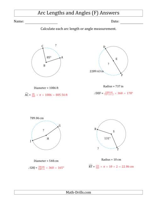 The Calculating Arc Length or Angle from Radius or Diameter (F) Math Worksheet Page 2