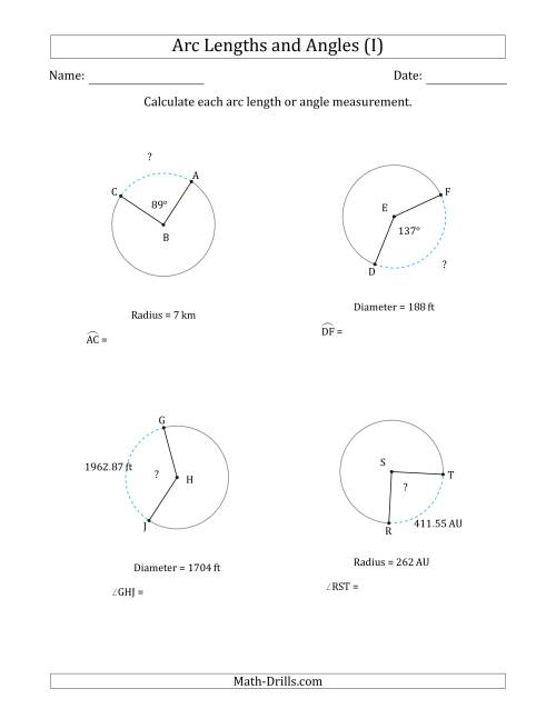 The Calculating Arc Length or Angle from Radius or Diameter (I) Math Worksheet