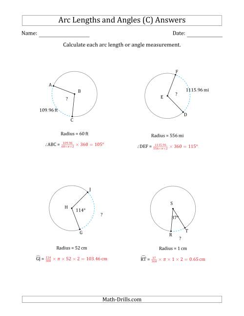 The Calculating Arc Length or Angle from Radius (C) Math Worksheet Page 2