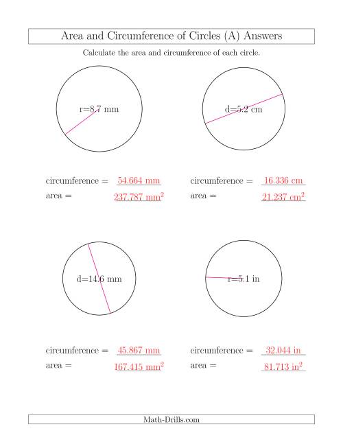 The Calculate Circumference and Area of Circles (A) Math Worksheet Page 2