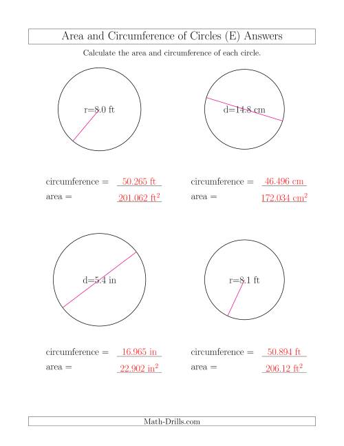 The Calculate Circumference and Area of Circles (E) Math Worksheet Page 2