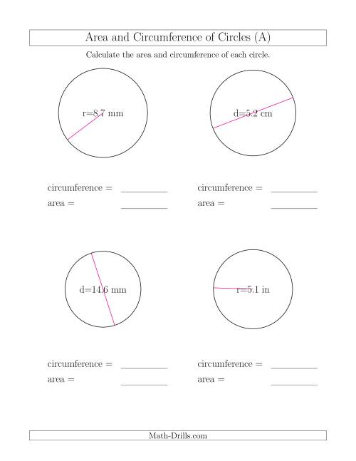 The Calculate Circumference and Area of Circles (All) Math Worksheet