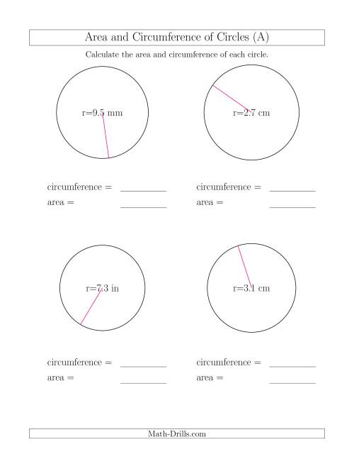 The Calculate Circumference and Area of Circles from Radius (A) Math Worksheet