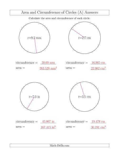 The Calculate Circumference and Area of Circles from Radius (A) Math Worksheet Page 2