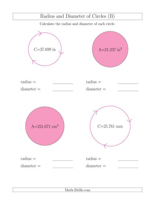 The Calculate Radius and Diameter of Circles (B) Math Worksheet