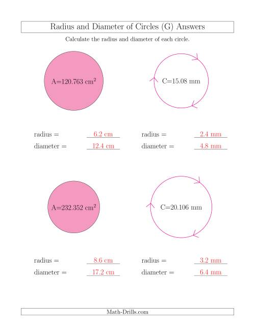 The Calculate Radius and Diameter of Circles (G) Math Worksheet Page 2