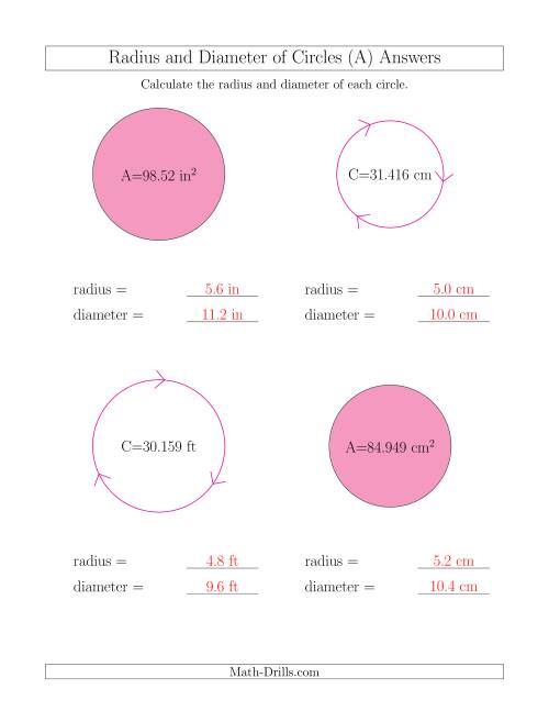 Calculate Radius And Diameter Of Circles All 