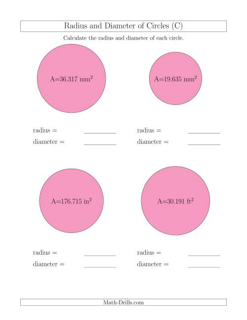 The Calculate Radius and Diameter of Circles from Area (C) Math Worksheet