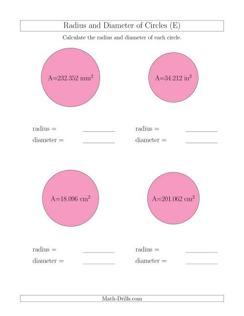 The Calculate Radius and Diameter of Circles from Area (E) Math Worksheet