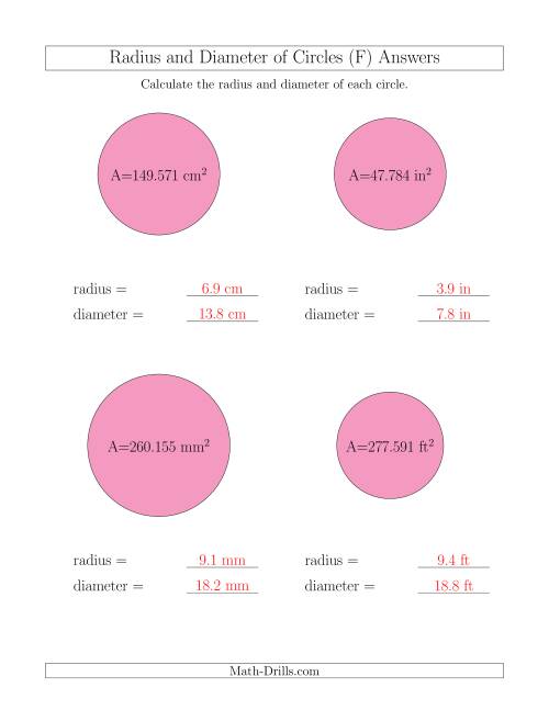 The Calculate Radius and Diameter of Circles from Area (F) Math Worksheet Page 2