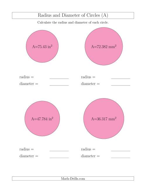 The Calculate Radius and Diameter of Circles from Area (All) Math Worksheet