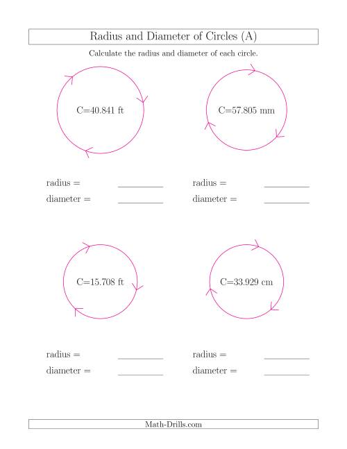 The Calculate Radius and Diameter of Circles from Circumference (A) Math Worksheet