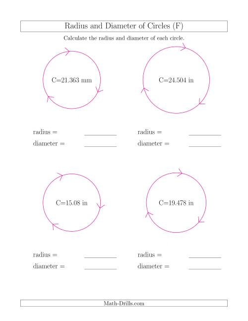 The Calculate Radius and Diameter of Circles from Circumference (F) Math Worksheet