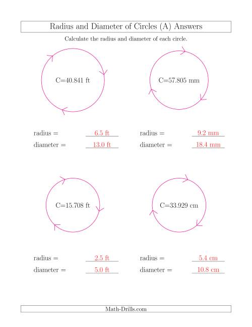 The Calculate Radius and Diameter of Circles from Circumference (All) Math Worksheet Page 2