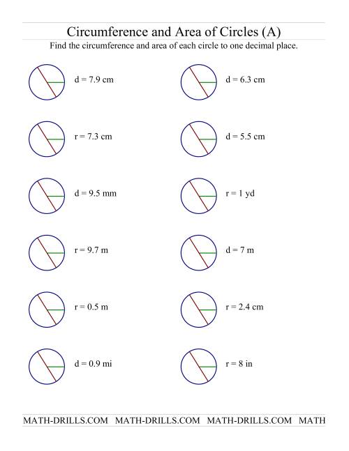 Math Worksheets Circumference And Area Of A Circle