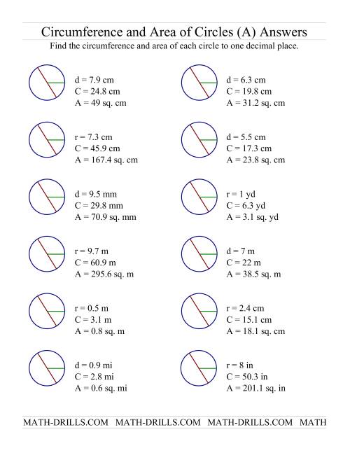 Circumference And Area Of Circles A 