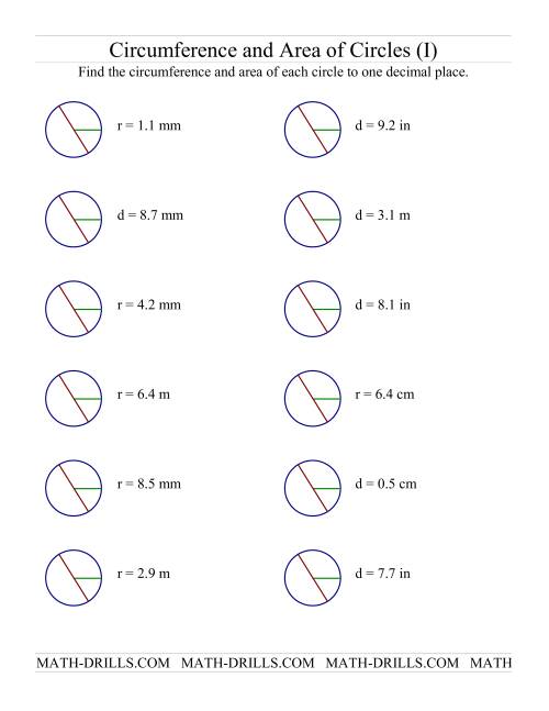 The Circumference and Area of Circles (I) Math Worksheet
