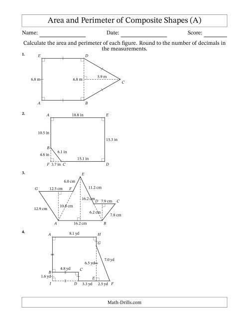 The Calculating the Area and Perimeter of Composite Shapes including Triangles and Rectangles (A) Math Worksheet