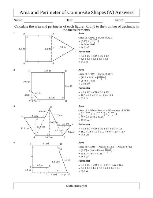 The Calculating the Area and Perimeter of Composite Shapes including Triangles and Rectangles (A) Math Worksheet Page 2