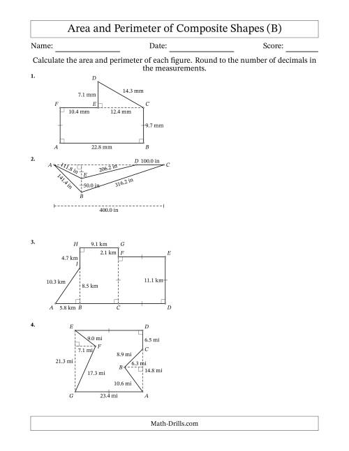 The Calculating the Area and Perimeter of Composite Shapes including Triangles and Rectangles (B) Math Worksheet