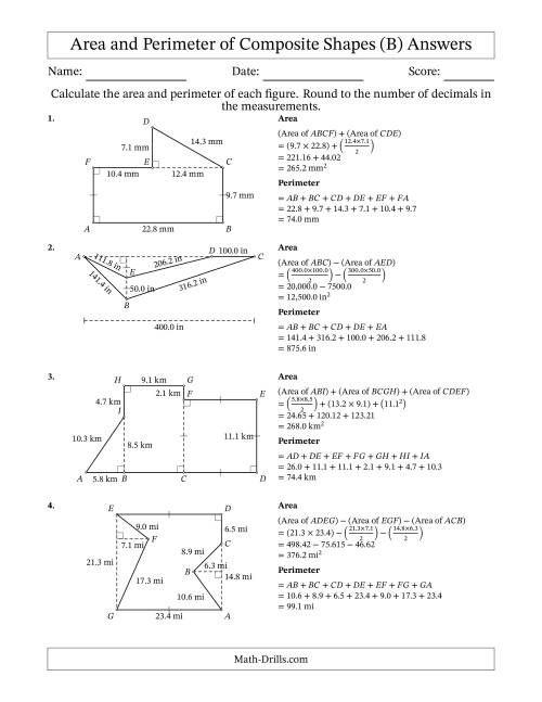 The Calculating the Area and Perimeter of Composite Shapes including Triangles and Rectangles (B) Math Worksheet Page 2