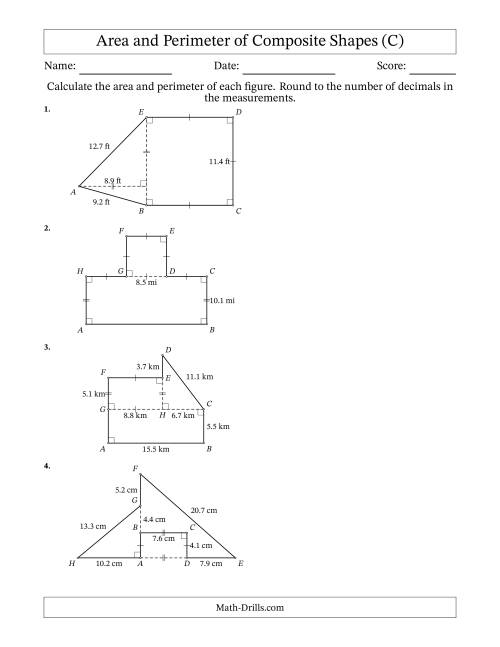 The Calculating the Area and Perimeter of Composite Shapes including Triangles and Rectangles (C) Math Worksheet