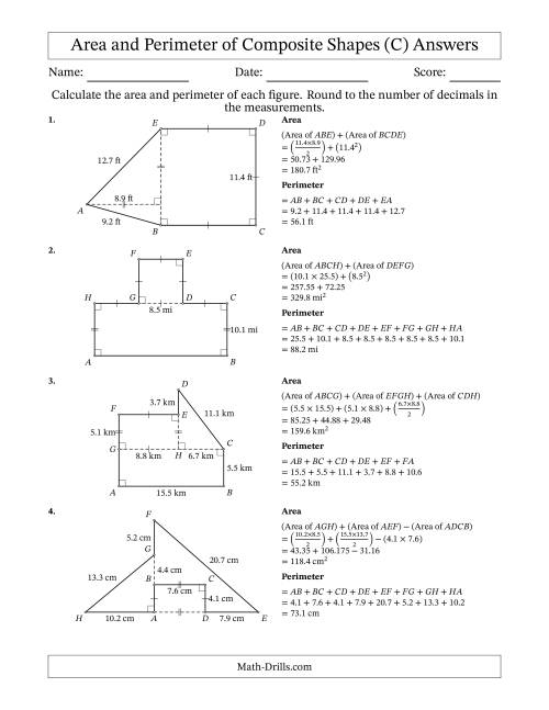 The Calculating the Area and Perimeter of Composite Shapes including Triangles and Rectangles (C) Math Worksheet Page 2