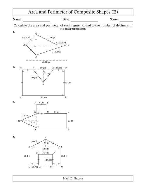 The Calculating the Area and Perimeter of Composite Shapes including Triangles and Rectangles (E) Math Worksheet