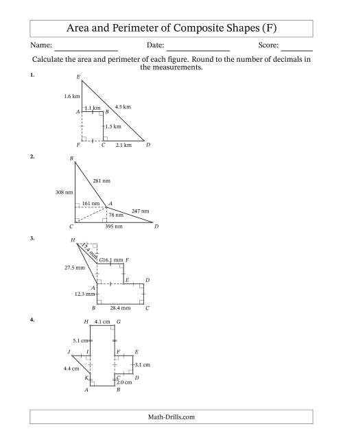 The Calculating the Area and Perimeter of Composite Shapes including Triangles and Rectangles (F) Math Worksheet