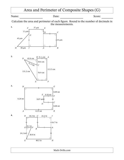 The Calculating the Area and Perimeter of Composite Shapes including Triangles and Rectangles (G) Math Worksheet