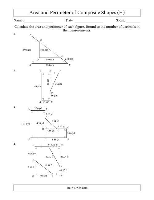 The Calculating the Area and Perimeter of Composite Shapes including Triangles and Rectangles (H) Math Worksheet