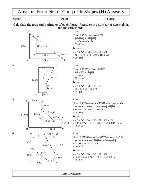 The Calculating the Area and Perimeter of Composite Shapes including Triangles and Rectangles (H) Math Worksheet Page 2