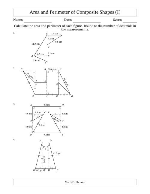 The Calculating the Area and Perimeter of Composite Shapes including Triangles and Rectangles (I) Math Worksheet