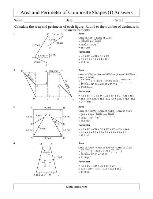 The Calculating the Area and Perimeter of Composite Shapes including Triangles and Rectangles (I) Math Worksheet Page 2