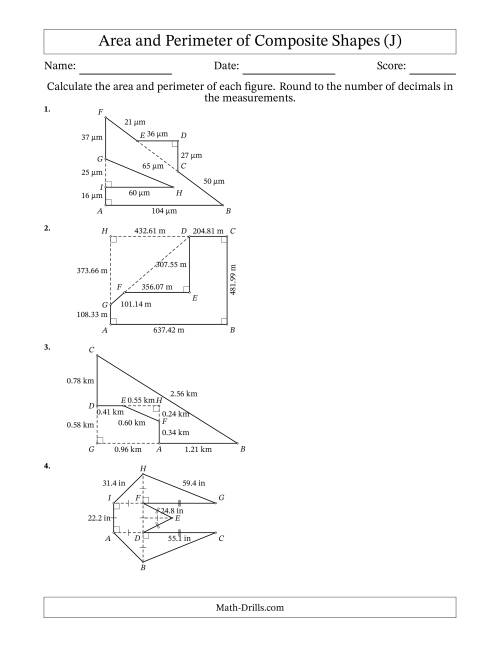 The Calculating the Area and Perimeter of Composite Shapes including Triangles and Rectangles (J) Math Worksheet