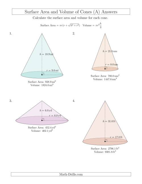 The Volume and Surface Area of Cones (One Decimal Place) (A) Math Worksheet Page 2
