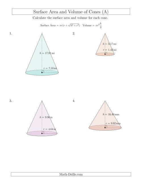 The Volume and Surface Area of Cones (Two Decimal Places) (A) Math Worksheet