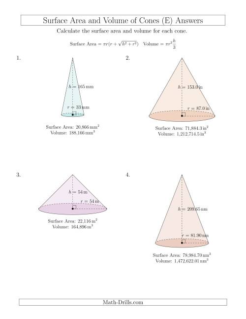 The Volume and Surface Area of Cones (Large Input Values) (E) Math Worksheet Page 2