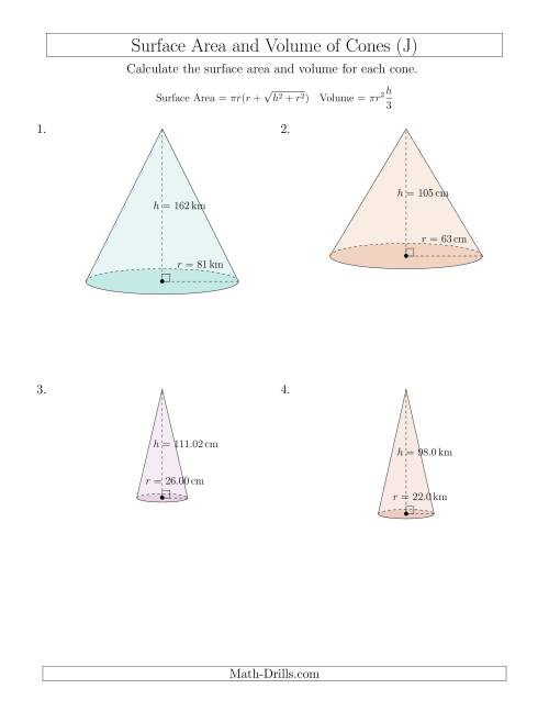 The Volume and Surface Area of Cones (Large Input Values) (J) Math Worksheet
