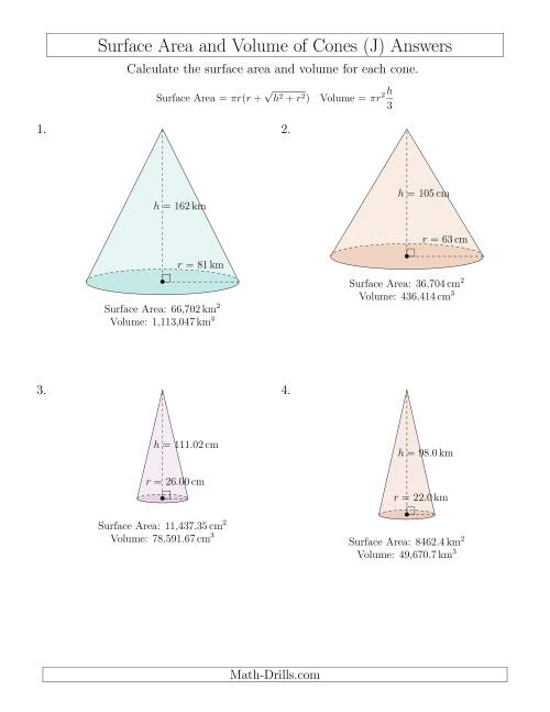 The Volume and Surface Area of Cones (Large Input Values) (J) Math Worksheet Page 2
