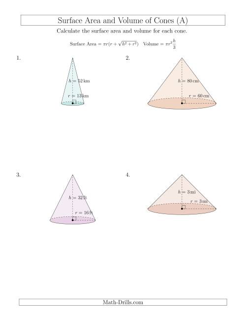 The Volume and Surface Area of Cones (Whole Numbers) (A) Math Worksheet