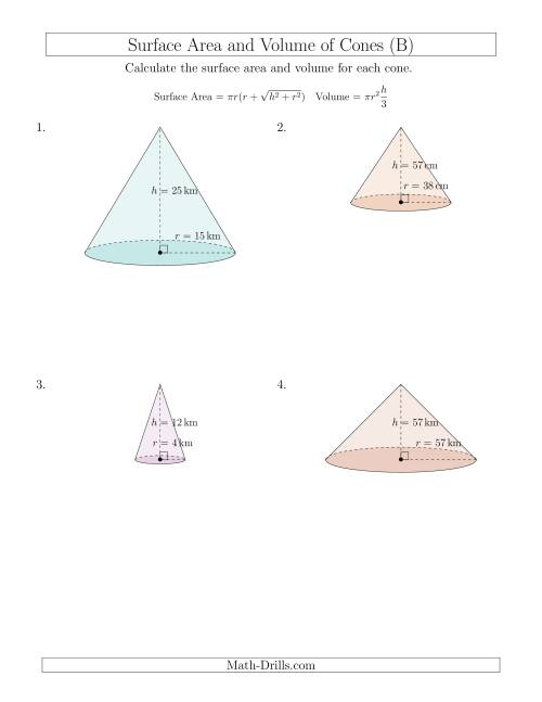 Volume and Surface Area of Cones (Whole Numbers) (B)
