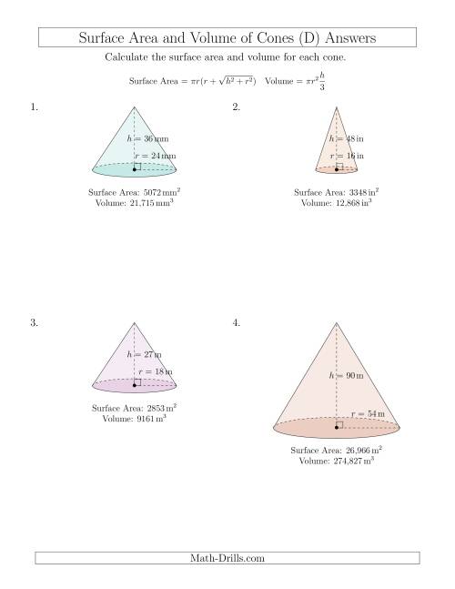 Volume and Surface Area of Cones (Whole Numbers) (D)
