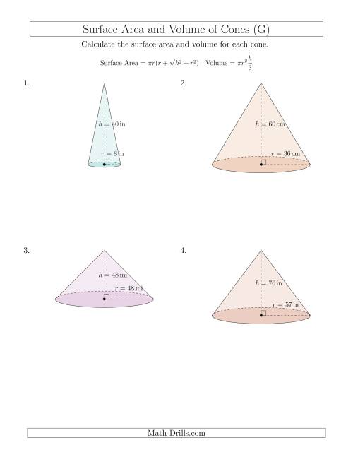 The Volume and Surface Area of Cones (Whole Numbers) (G) Math Worksheet