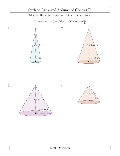 The Volume and Surface Area of Cones (Whole Numbers) (H) Math Worksheet