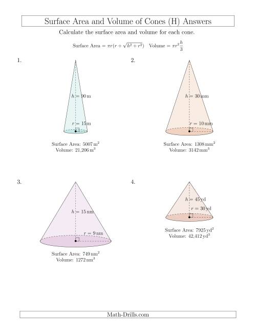 The Volume and Surface Area of Cones (Whole Numbers) (H) Math Worksheet Page 2