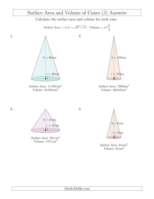 The Volume and Surface Area of Cones (Whole Numbers) (J) Math Worksheet Page 2